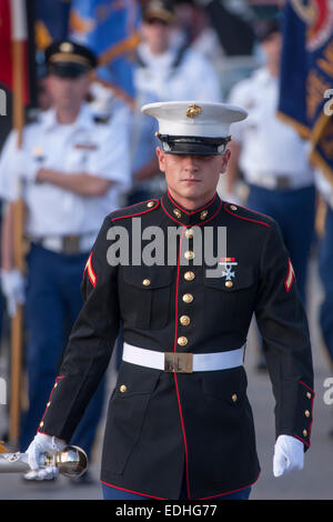 A Marine Soldier walking in the Fourth of July Independence parade in Wisconsin Stock Photo