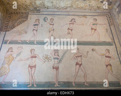 Ancient Roman mosaic, bikini girls, 2 mosaics on top of each other, Villa Romana del Casale, UNESCO World Heritage Site Stock Photo