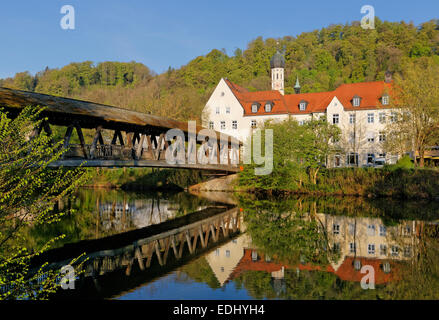 Sebastiani-Steg bridge over the Loisach river with town hall and church of St. Andrew, Wolfratshausen, Upper Bavaria, Bavaria Stock Photo