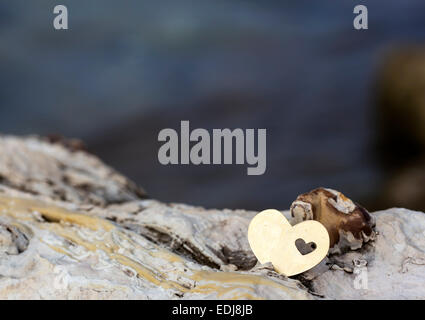 A bright beautiful metal heart is placed on top of a rock. In the background is a rocky beach and waves. Stock Photo