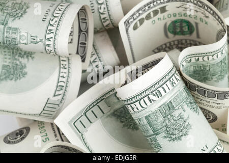 Pile of United States dollar hundred USD banknotes. Selective focus Stock Photo