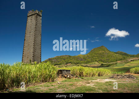 Mauritius, Creve Coeur, industrial history, old sugar cane factory chimney in field Stock Photo
