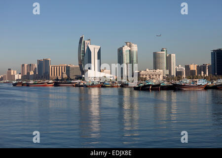 Dhow harbor and skyscrapers on the Creek, Dubai, Emirate of Dubai, United Arab Emirates, Asiatisch, Asian Stock Photo