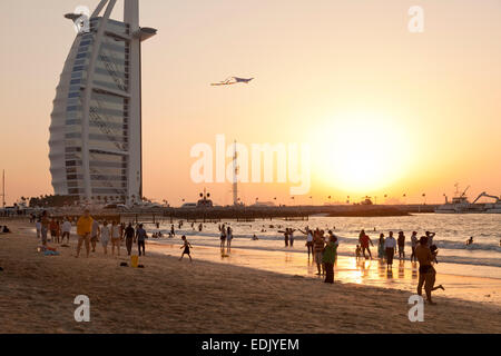 sunset at  Luxury hotel Burj Al Arab and Jumeirah Beach in Dubai, United Arab Emirates, Asia Stock Photo