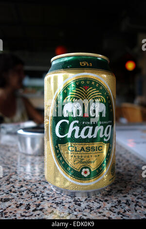 Can of Thai Chang beer on table, Thailand. Asia. Stock Photo