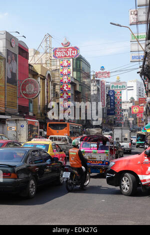 Traffic jam in Chinatown at Yaowarat Road. Bangkok. Thailand. Southeast asia. Stock Photo