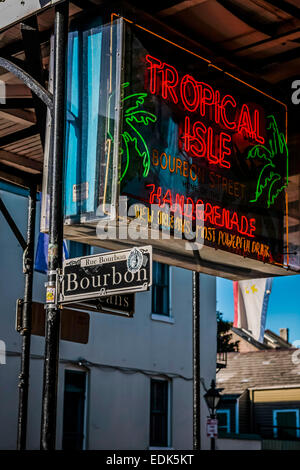 The Tropical Island bar overhead neon sign on Bourbon Street in the French Qtr of New Orleans LA Stock Photo