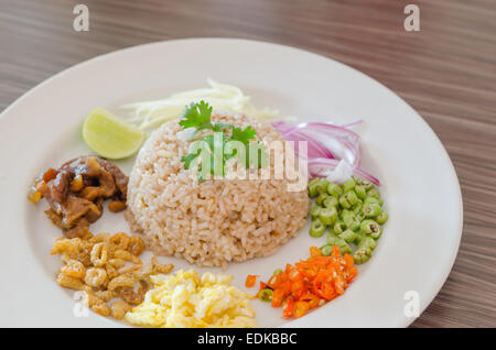 Mixed cooked rice with shrimp paste sauce Stock Photo