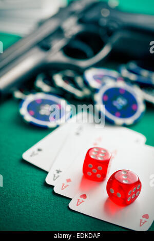 dices and aces on green table Stock Photo