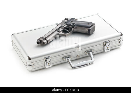 the handgun on aluminium case Stock Photo