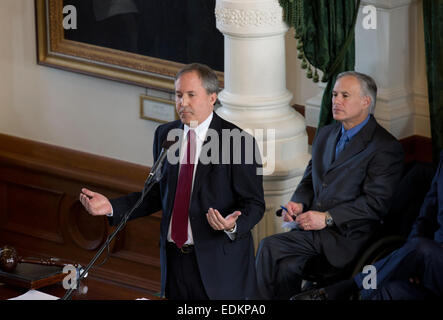 New Texas Attorney General Ken Paxton speaks in the Texas Senate chamber following his swearing-in ceremony in early January. Stock Photo