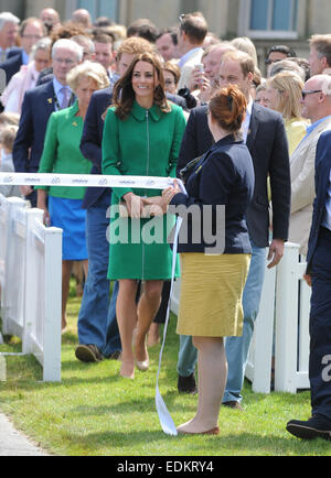 British Royals attend the ceremonial start of the Tour de France, held at Harewood House, Yorkshire. It is only the second time The Tour has visited the UK. The Duchess cut the ribbon to officially start the The Tour.  Featuring: Kate Middleton,Catherine Stock Photo