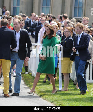 British Royals attend the ceremonial start of the Tour de France, held at Harewood House, Yorkshire. It is only the second time The Tour has visited the UK. The Duchess cut the ribbon to officially start the The Tour.  Featuring: Kate Middleton,Catherine Stock Photo