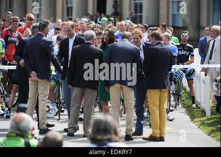 British Royals attend the ceremonial start of the Tour de France, held at Harewood House, Yorkshire. It is only the second time The Tour has visited the UK. The Duchess cut the ribbon to officially start the The Tour.  Featuring: Kate Middleton,Catherine Stock Photo