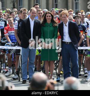 British Royals attend the ceremonial start of the Tour de France, held at Harewood House, Yorkshire. It is only the second time The Tour has visited the UK. The Duchess cut the ribbon to officially start the The Tour.  Featuring: Kate Middleton,Catherine Stock Photo