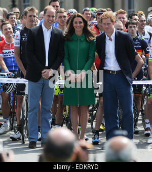 British Royals attend the ceremonial start of the Tour de France, held at Harewood House, Yorkshire. It is only the second time The Tour has visited the UK. The Duchess cut the ribbon to officially start the The Tour.  Featuring: Kate Middleton,Catherine Stock Photo