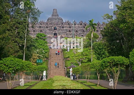 Tourists visiting Borobudur / Barabudur, 9th-century Mahayana Buddhist Temple in Magelang, Central Java, Indonesia Stock Photo