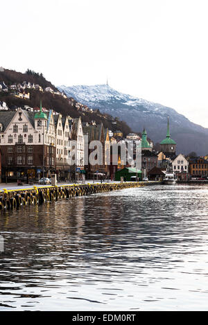 Part of the Inner Harbour and The Famous Bryggen Wharf Area of Bergen Norway Stock Photo