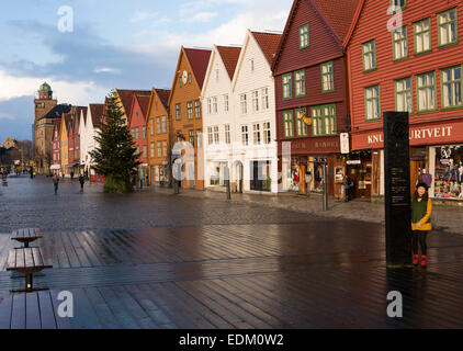 The Famous Bryggen Wooden Commercial Shop Buildings in Bergen Norway on a Cold December Day Around Christmas Stock Photo