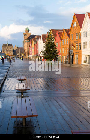 The Famous Bryggen Wooden Commercial Shop Buildings in Bergen Norway on a Cold December Day Around Christmas Stock Photo