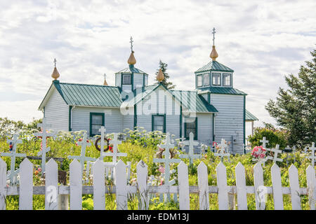 The Holy Transfiguration of our Lord Russian Orthodox Church and graveyard in Ninilchik, Kenai Peninsula, Alaska, USA Stock Photo