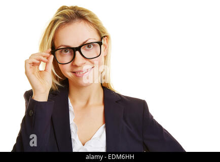 Smiling blonde happy businesswoman with black glasses Stock Photo