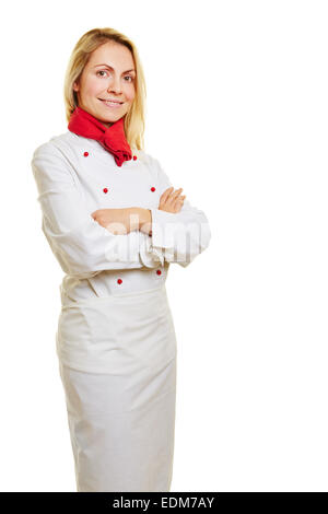Young smiling woman as chef cook in white workwear Stock Photo