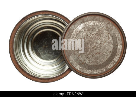 Rusty opened round tin box with lid isolated on white background Stock Photo