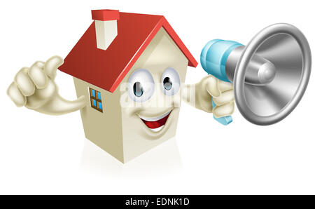 An illustration of a cartoon house character holding a megaphone and giving a thumbs up. Concept for, real estate, auction or ot Stock Photo