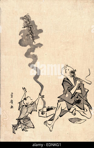 Tobae mitate ryugen sennin, Toba-e correspondence of a Chinese sage., Utagawa, Toyohiro, 1773?-1829?, artist, [between 1804 and 1818], 1 print : woodcut ; 35.6 x 23.5 cm., Print shows a man smoking a cigarette in a long holder, and a dragon ascending in a plume of smoke coming from a box on the ground next to him; a child(?) gestures toward the dragon. Stock Photo