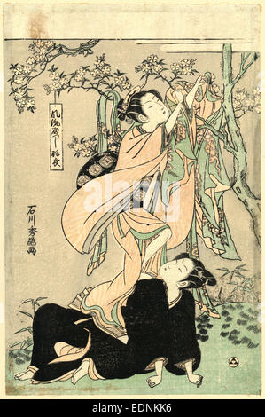 Furyu yastushi hagoromo, Updated version of Hagoromo., Ishikawa, Toyonobu, 1711-1785, artist, [between 1764 and 1772], 1 print : woodcut, color ; 25.7 x 16.8 cm., Print shows a woman (possibly the Tennin, an aerial spirit or celestial dancer) standing on a man in order to remove her feather-mantle (hagoromo or heavenly kimono) which is hanging on the branches of a tree; the man is helping her get her mantle in return for the opportunity to witness her celestial dance. Stock Photo