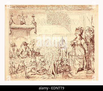 The heroic Charlotte la Corday, upon her trial, at the bar of the revolutionary tribunal of Paris, July 17, 1793, Gillray Stock Photo