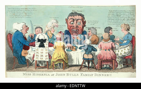 Miss Hibernia at John Bulls family dinner!!, Cruikshank, Isaac, 1756?-1811?, engraving 1799, Miss Hibernia seated Stock Photo