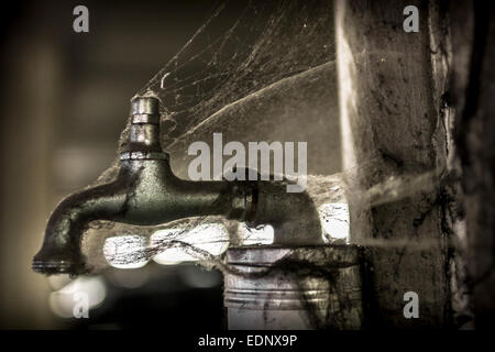 A tap covered with spider web, no more water. Stock Photo