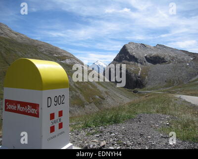 D 902 road sign on the northern descent from the Col de L'Iseran towards Bonneville sur Arc in the French Alps near Val d'Isere Stock Photo