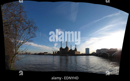 Uncropped panorama of Battersea Power Station from the embankment next to Grosvenor Bridge Stock Photo
