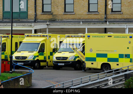 Ambulances lined up outside the Accident and Emergency Department of Brighton's Royal Sussex County Hospital UK RSCH Stock Photo