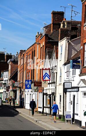 Shops and businesses along Church Street, Tewkesbury, Gloucestershire, England, UK, Western Europe. Stock Photo