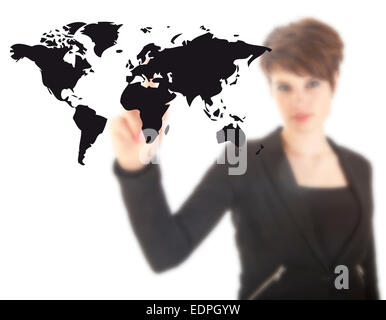 Young woman with black world map isolated on white background Stock Photo