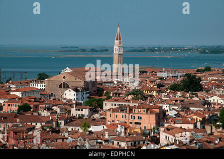 View NE from St Marks Bell Tower Venice Italy with out of kilter Campanile of Chiesa di San Franceso della Vigna with sea and Li Stock Photo