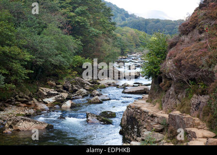 The Fishermans Path alongside the River Glaslyn in the Aberglaslyn Pass near Beddgelert, Wales, UK Stock Photo