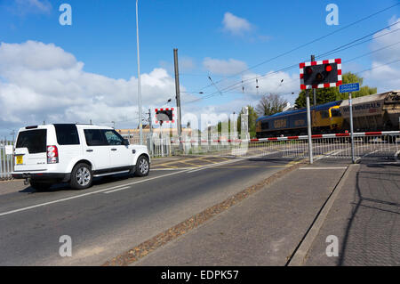 White Land Rover Discovery waits for a goods train at Tennyson Avenue level crossing immediately outside King's Lynn station. Stock Photo