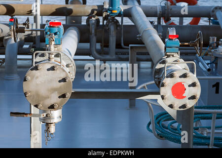 Valves on an oil tanker, river Rhine, North Rhine-Westphalia, Germany. Stock Photo