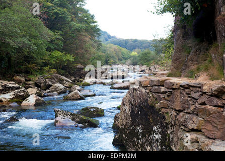 The Fishermans Path alongside the River Glaslyn in the Aberglaslyn Pass near Beddgelert in North Wales, UK Stock Photo