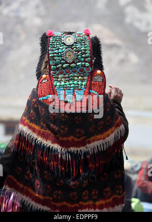 Local woman wearing a Perak in the remote Himalayan village of Rangdum which is in the Suru Valley region of Ladakh Stock Photo