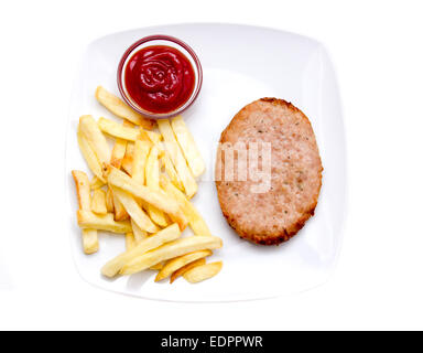 Hamburger with fries and ketchup on a white background seen from above Stock Photo