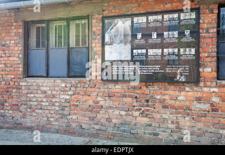 Board showing Polish prisoners hanged on 19 July 1943 at the Auschwitz-Birkenau concentration camp, Auschwitz, Poland Stock Photo