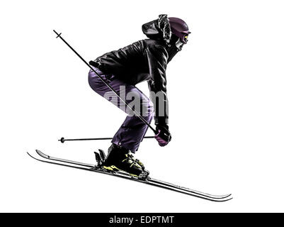 one  woman skier skiing jumping in silhouette on white background Stock Photo