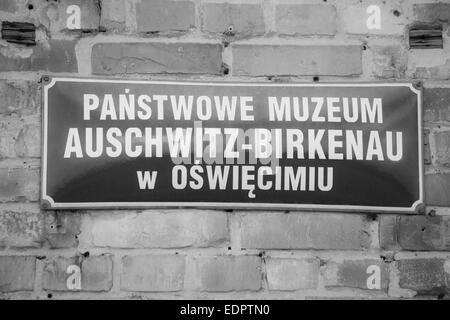 sign at the Auschwitz-Birkenau concentration camp, Auschwitz, Poland converted to Infrared to reflect the somberness Stock Photo