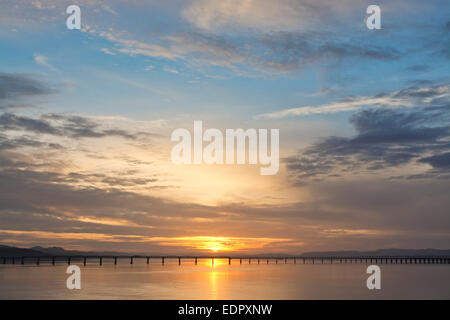 tay rail bridge river estuary railway crossing* sunset Stock Photo